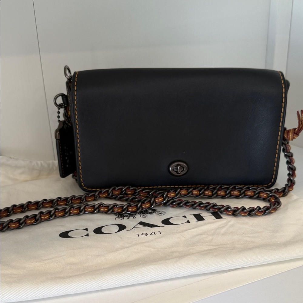 Coach Black Leather Crossbody with Chain Strap